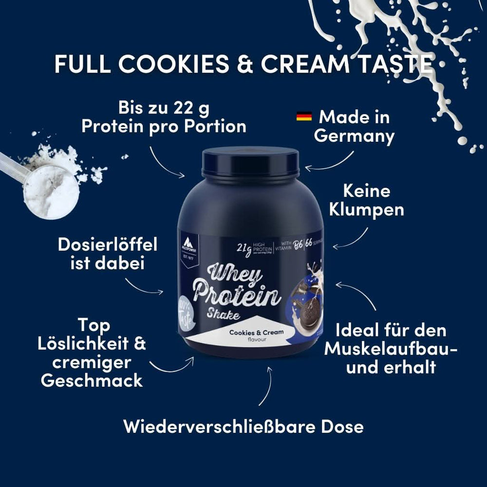 2kg Whey Protein Shake Cookies & Cream auf einem dunkelblauen Hintergrund mit Beschriftungen der Dose.