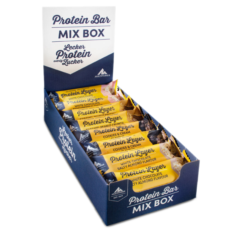 Multipower Protein Layer Mixbox mit mehreren mehrschichtigen Eiweißriegeln in verschiedenen Geschmacksrichtungen verpackt in einer dunkelblauen Mixbox.