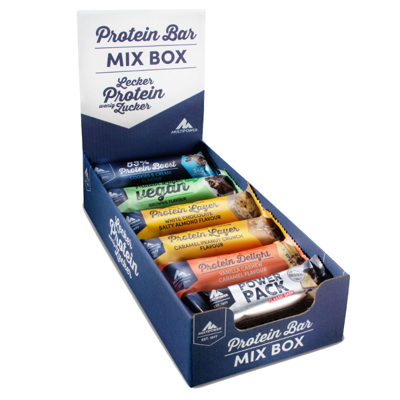 Multipower Proteinriegel Probier Mixbox mit verschiedenen Geschmacksrichtungen – ideal für Sportler und Fitnessbewusste zum Testen und Genießen hochwertiger Eiweißriegel.