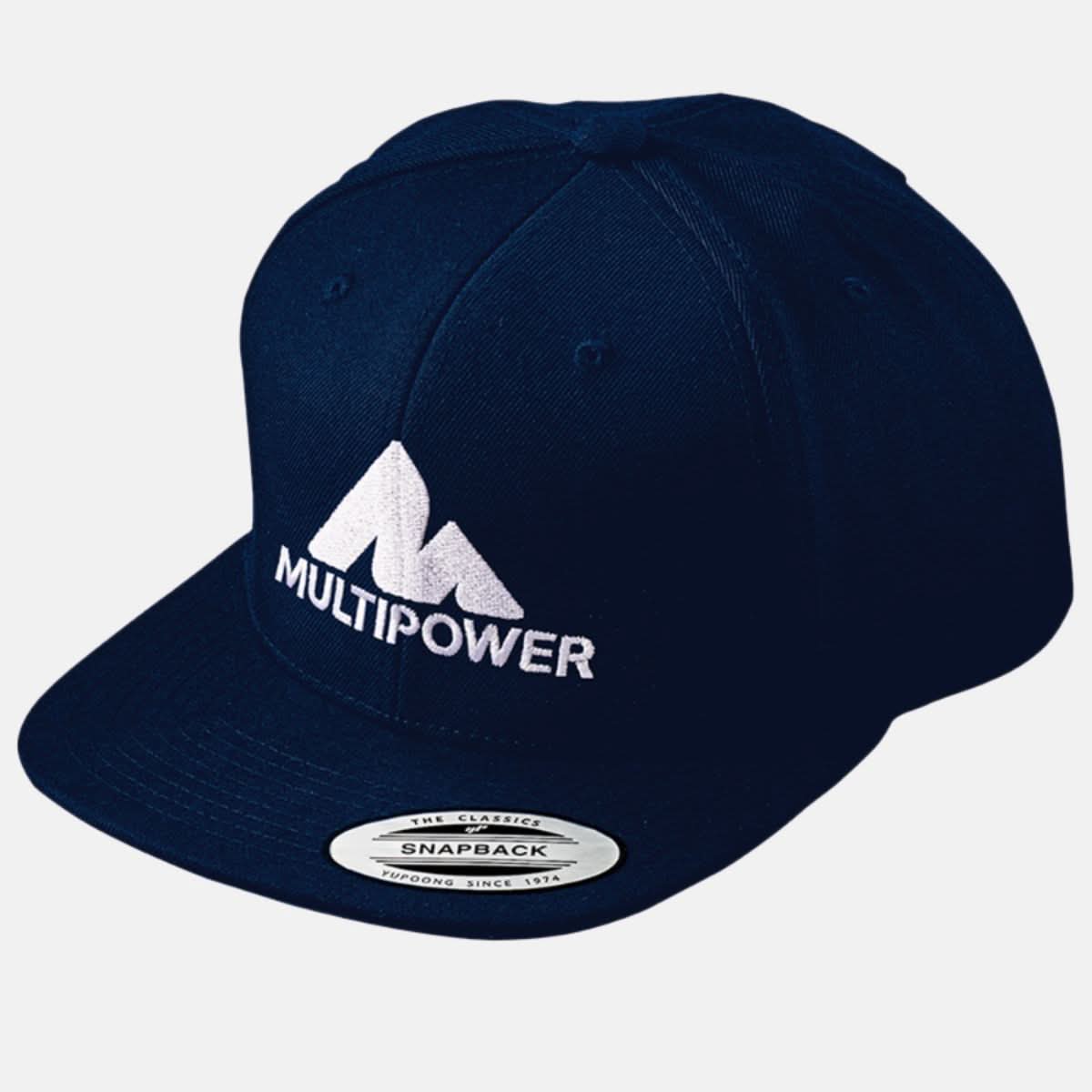Dunkelblaue Multipower Snapback Cap mit weißer Schrift.