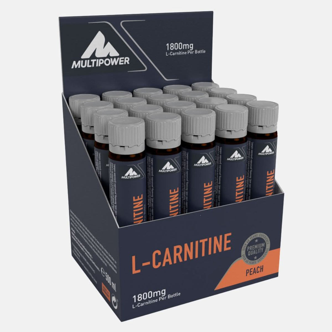 Multipower L-Carnitine in dunkelblauen Ampulllen mit orangener Schrift in der Geschmacksrichtung Pfirsich.