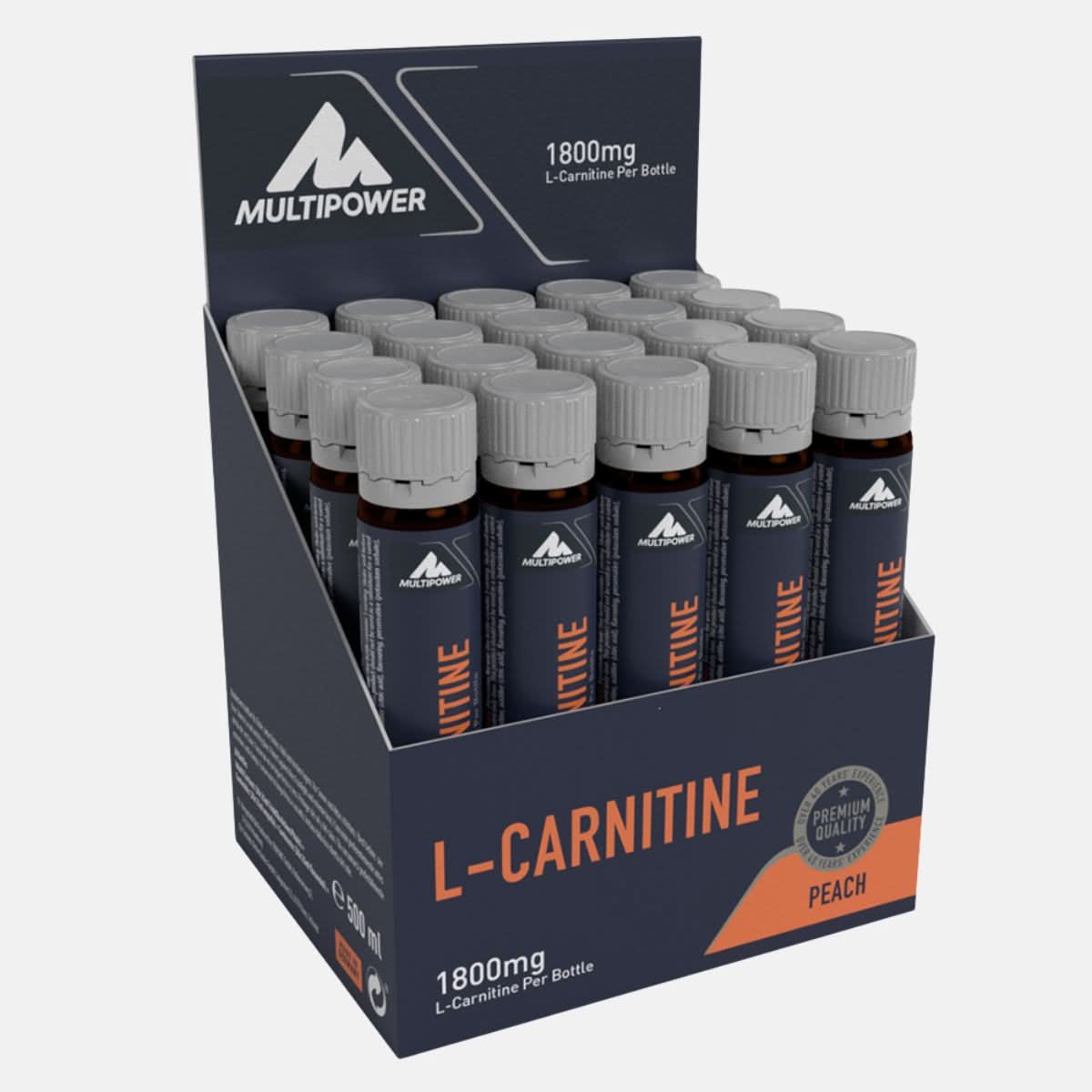 Multipower L-Carnitine in dunkelblauen Ampulllen mit orangener Schrift in der Geschmacksrichtung Pfirsich.