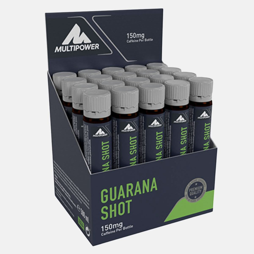 Multipower Guarana Shot in dunkelblauen Ampullen mit grüner Schrift.