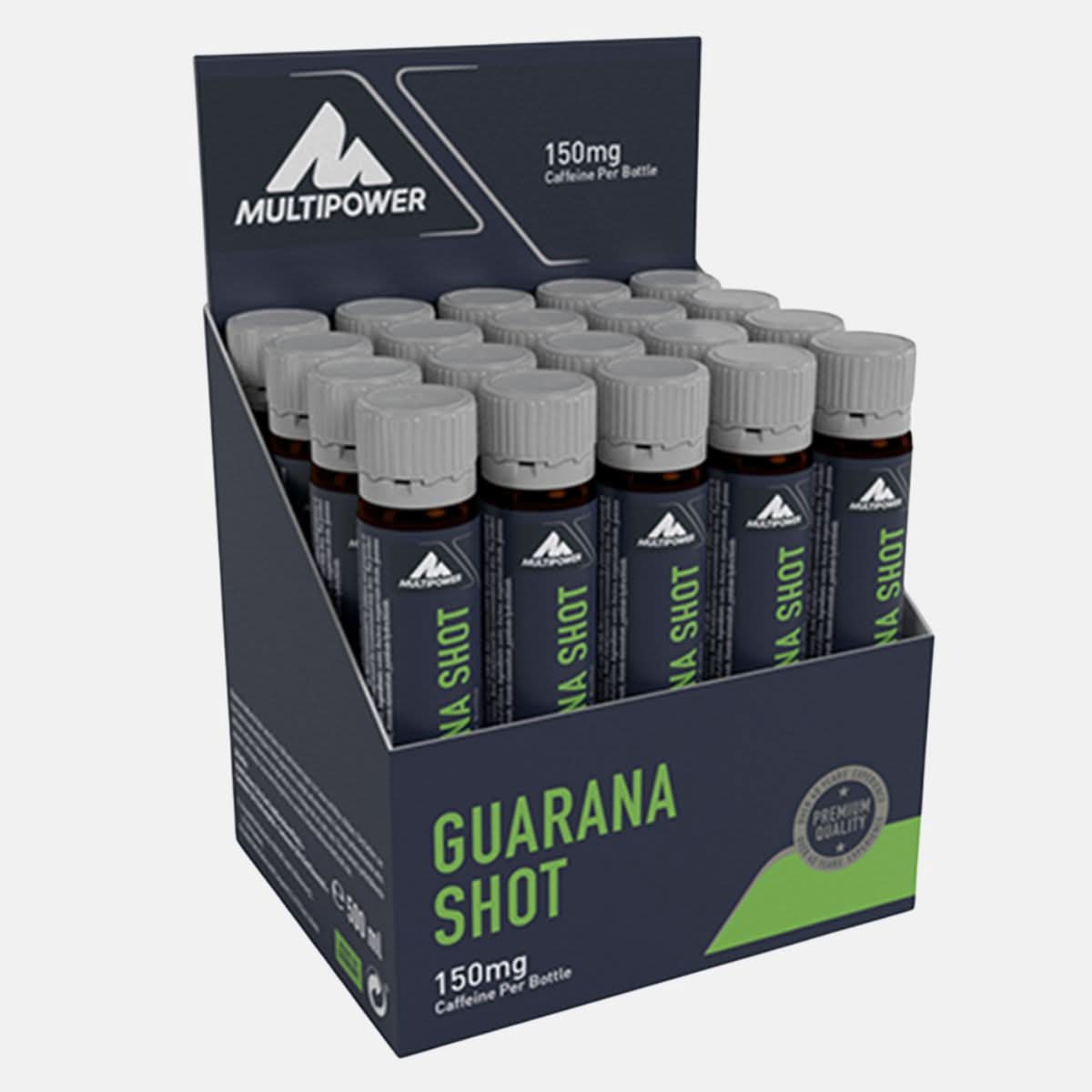 Multipower Guarana Shot in dunkelblauen Ampullen mit grüner Schrift.