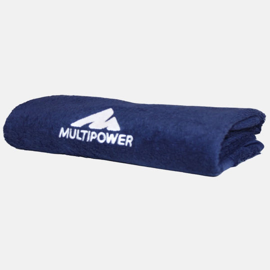 Multipower Handtuch in dunkelblau mit weißem Aufdruck.