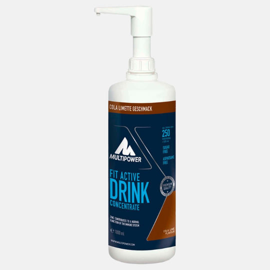 Multipower Fit Active Getränkekonzentrat 1L – spritzige Kombination aus Cola und Limette, perfekt für eine kalorienarme Erfrischung beim Sport.
