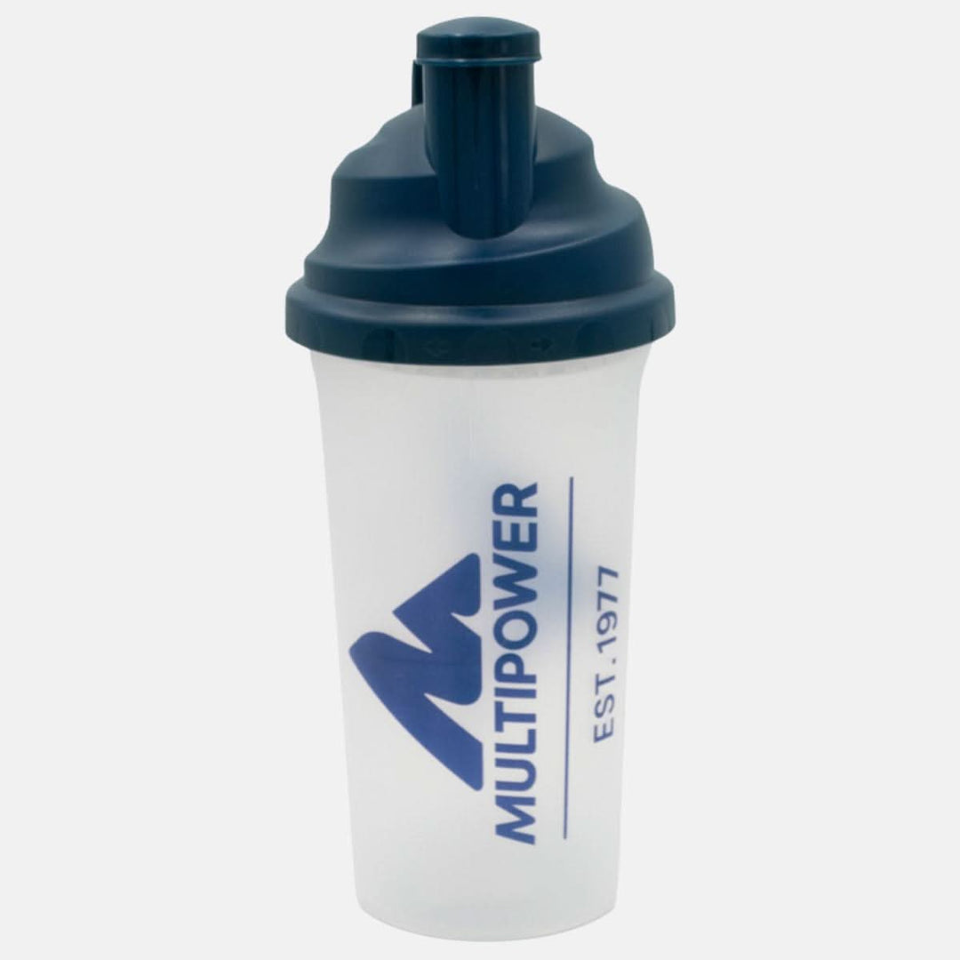 Multipower Shaker mit durchsichtiger Flasche und blauer Schrift und Deckel.