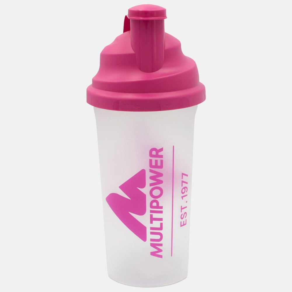 Multipower Shaker mit durchsichtiger Flasche und pinker Schrift und Deckel