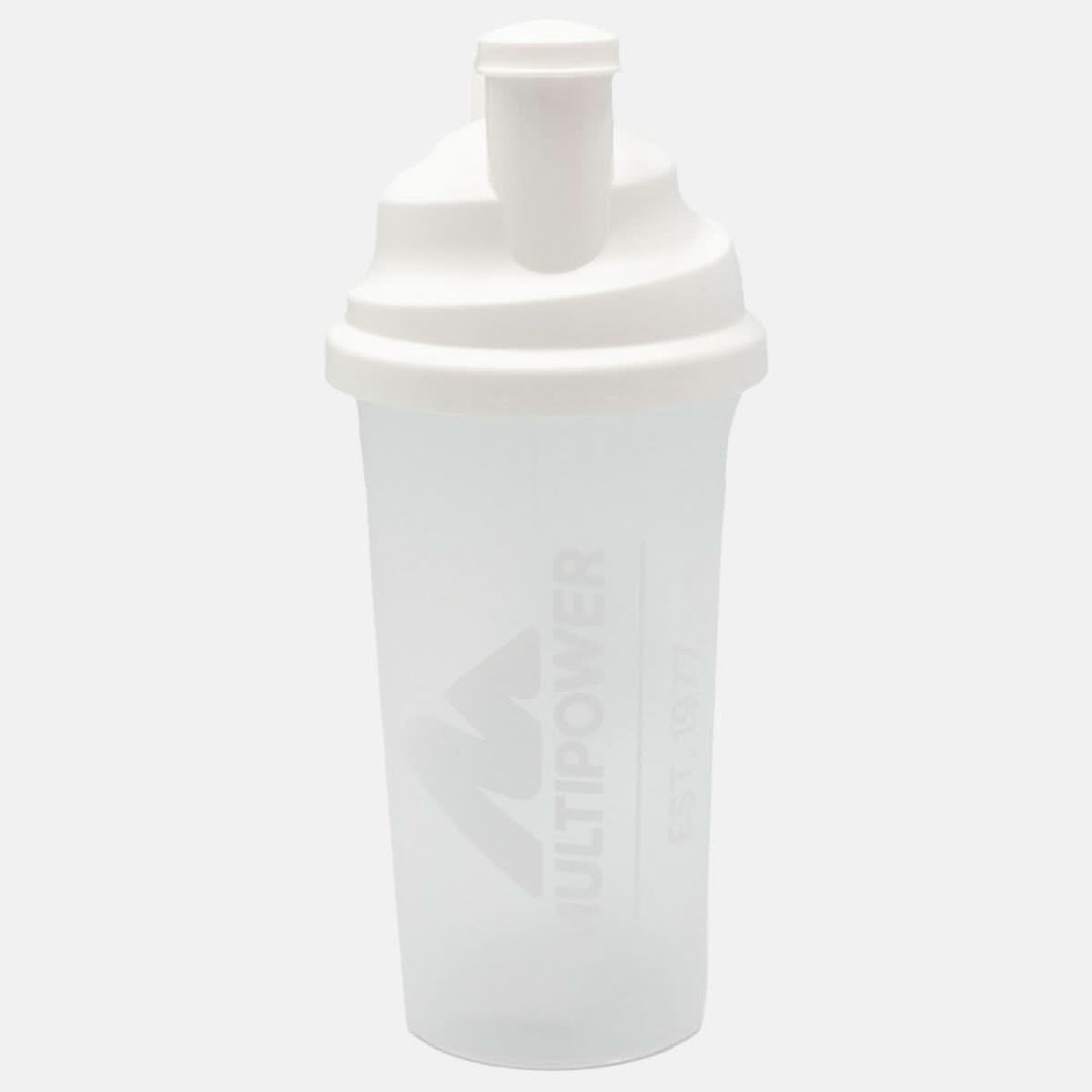Multipower Shaker mit durchsichtiger Flasche und weißer Schrift und Deckel.
