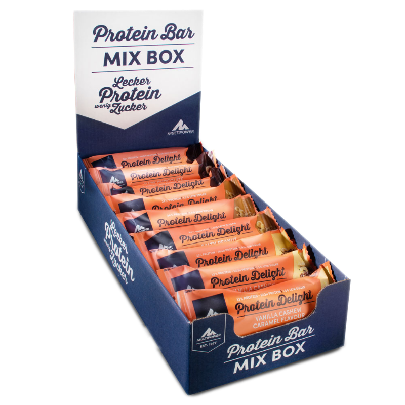 Multipower Protein Delight in verschiedenen Geschmacksrichtungen verpackt in einer dunkelblauen Mixbox.