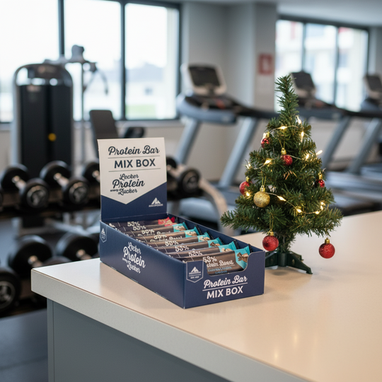 Multipower Protein Boost Riegel in verschiedenen Geschmacksrichtungen verpackt in einer dunkelblauen Mixbox.