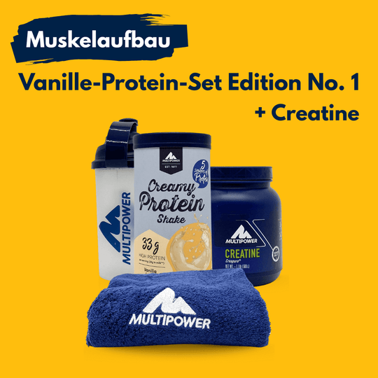 Muskelaufbau Vanille-Protein-Set Edition No. 1 + Creatine inkl. Handtuch und Shaker