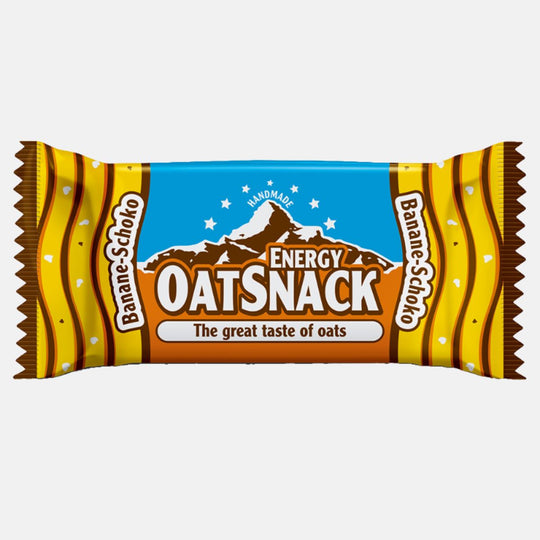 Verpackung Davina Oatsnack Haferriegl Banane-Schoko in gelb-braun. 