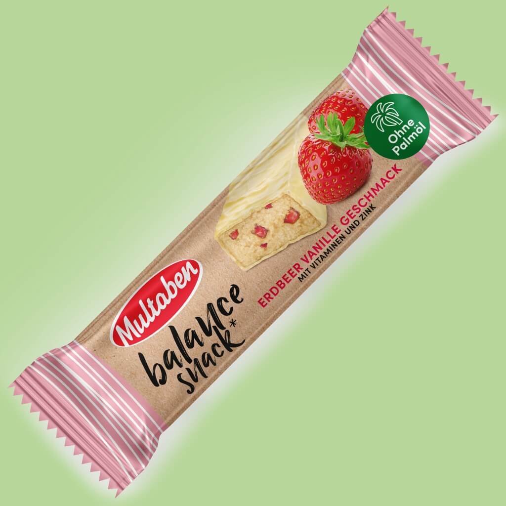 Multaben Proteinriegel Balance Snack Erdbeer Vanille in der 38g Verpackung