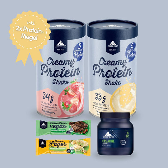 Multipower Creamy Protein Bundle in Erdbeere und Vanille mit Creatine und zwei Proteinriegeln – komplettes Eiweiß-Set für Training und Ernährung