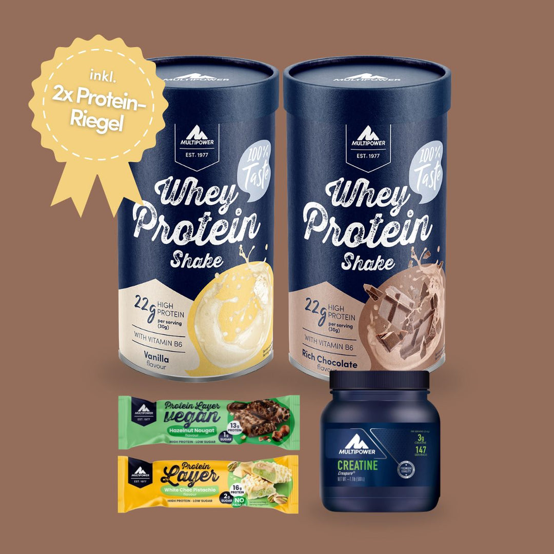 Multipower Whey Protein Bundle in Vanille und Schokolade mit Creatine und zwei Proteinriegeln – hochwertiges Fitness-Paket für Muskelaufbau und Ernährung
