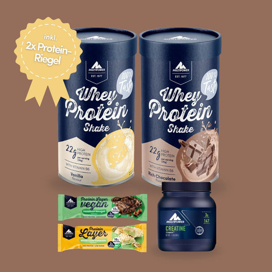 Multipower Whey Protein Bundle in Vanille und Schokolade mit Creatine und zwei Proteinriegeln – hochwertiges Fitness-Paket für Muskelaufbau und Ernährung