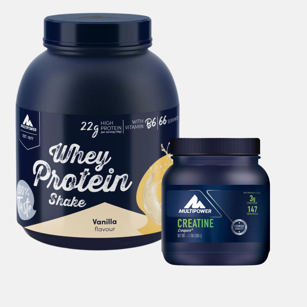 Dose Multipower Whey Protein (2 kg) und Kreatin-Pulver im Vorteilspaket, nebeneinander abgebildet auf weißem Hintergrund