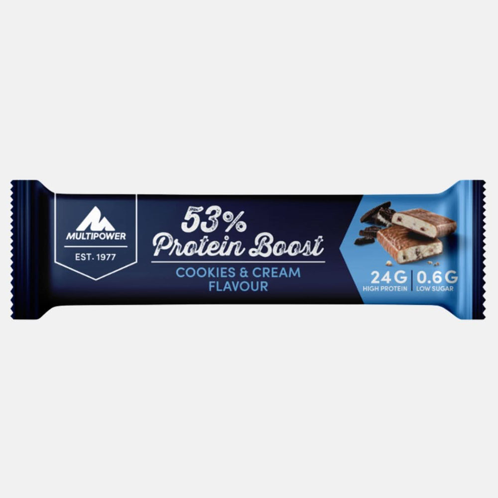 Multipower 53% Protein Boost Riegel 45g – eiweißreicher Riegel mit cremigem Cookies-&-Cream-Geschmack für effektiven Muskelaufbau.