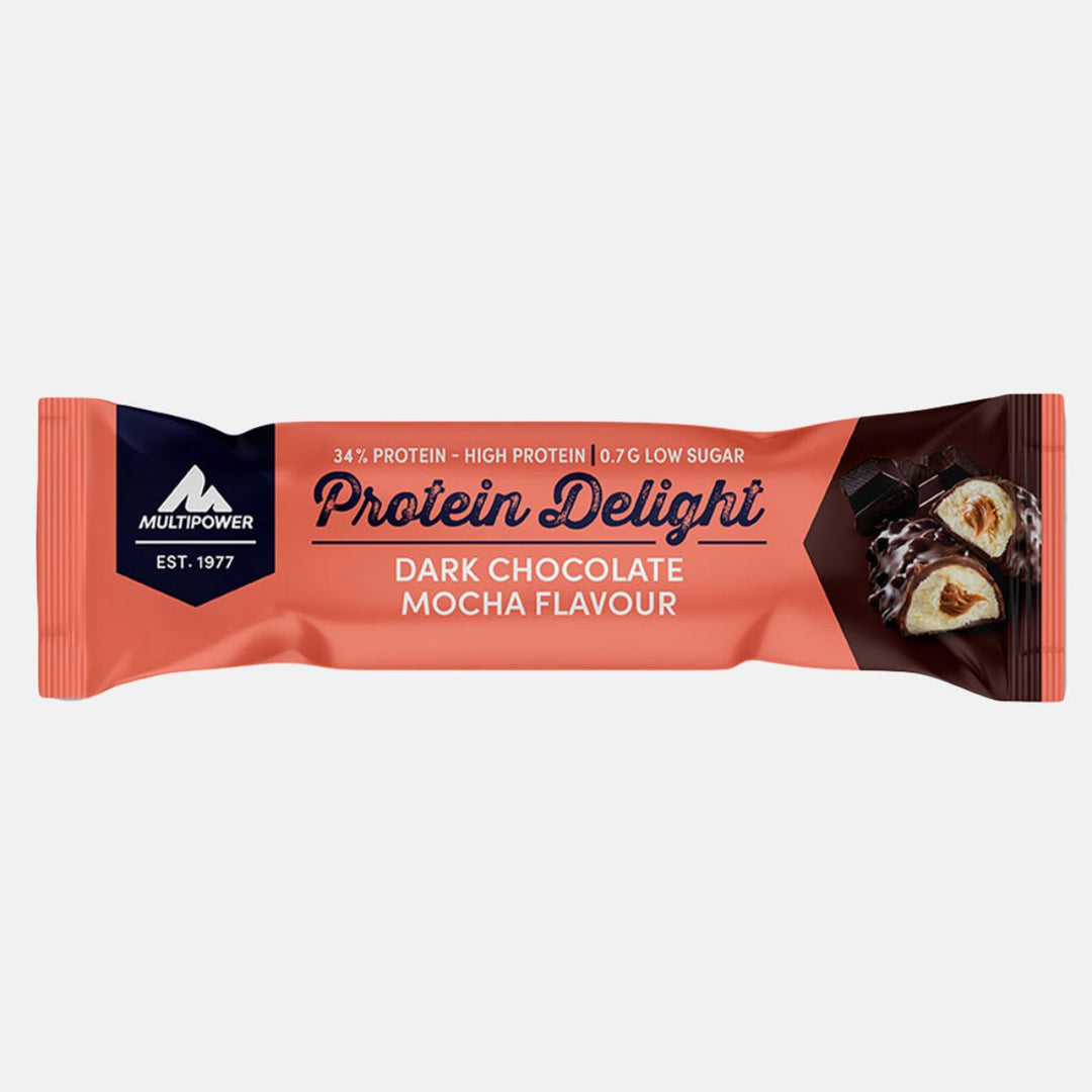 Multipower Protein Delight Riegel 35g – schokoladiger Proteinriegel mit intensivem Mokka-Geschmack und dunkler Schokolade, ideal als Genuss-Snack.