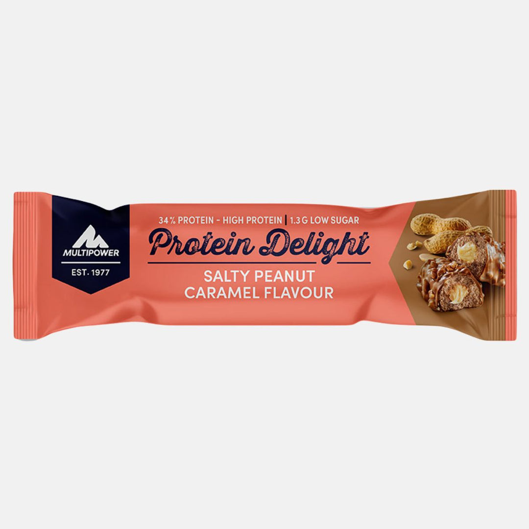 Multipower Protein Delight Riegel 35g – cremiger Proteinriegel mit gesalzenem Erdnuss-Karamell-Geschmack, perfekt für den süß-salzigen Genussmoment.