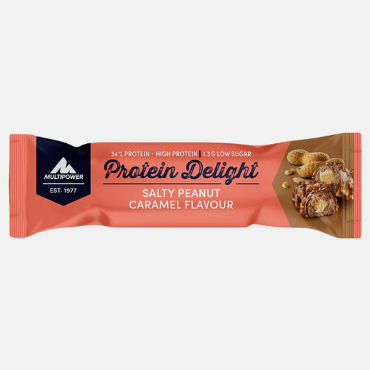Multipower Protein Delight Riegel 35g – cremiger Proteinriegel mit gesalzenem Erdnuss-Karamell-Geschmack, perfekt für den süß-salzigen Genussmoment.