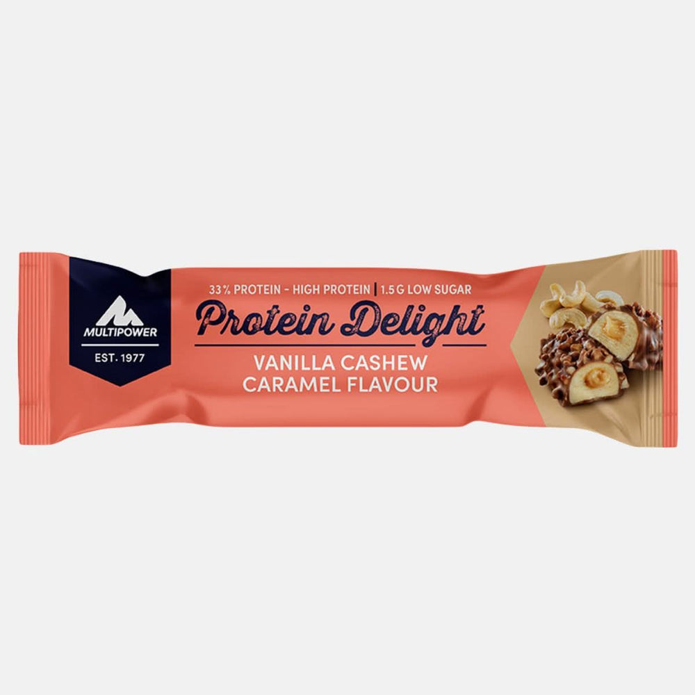 Multipower Protein Delight Riegel 35g – zarter Proteinriegel mit Vanille, Cashew und Karamell, ausgewogener Snack für zwischendurch.