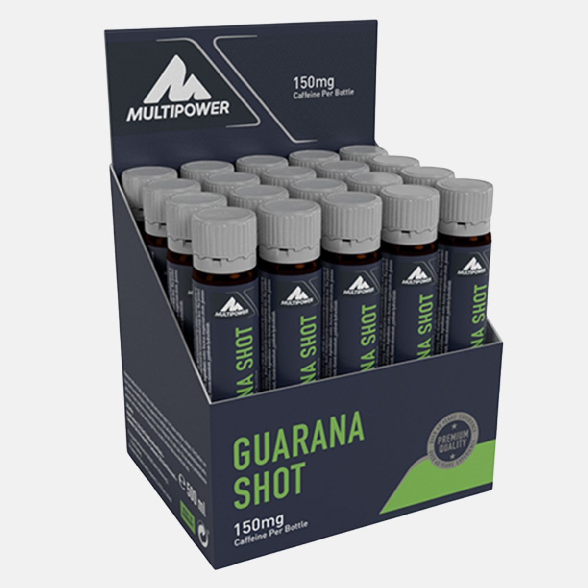 Multipower Guarana Shot in dunkelblauen Ampullen mit grüner Schrift.