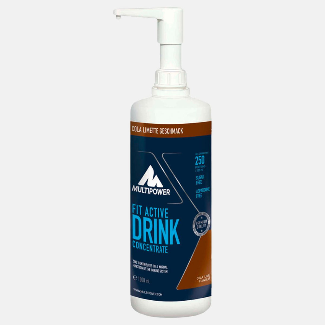 Multipower Fit Active Getränkekonzentrat 1L – spritzige Kombination aus Cola und Limette, perfekt für eine kalorienarme Erfrischung beim Sport.