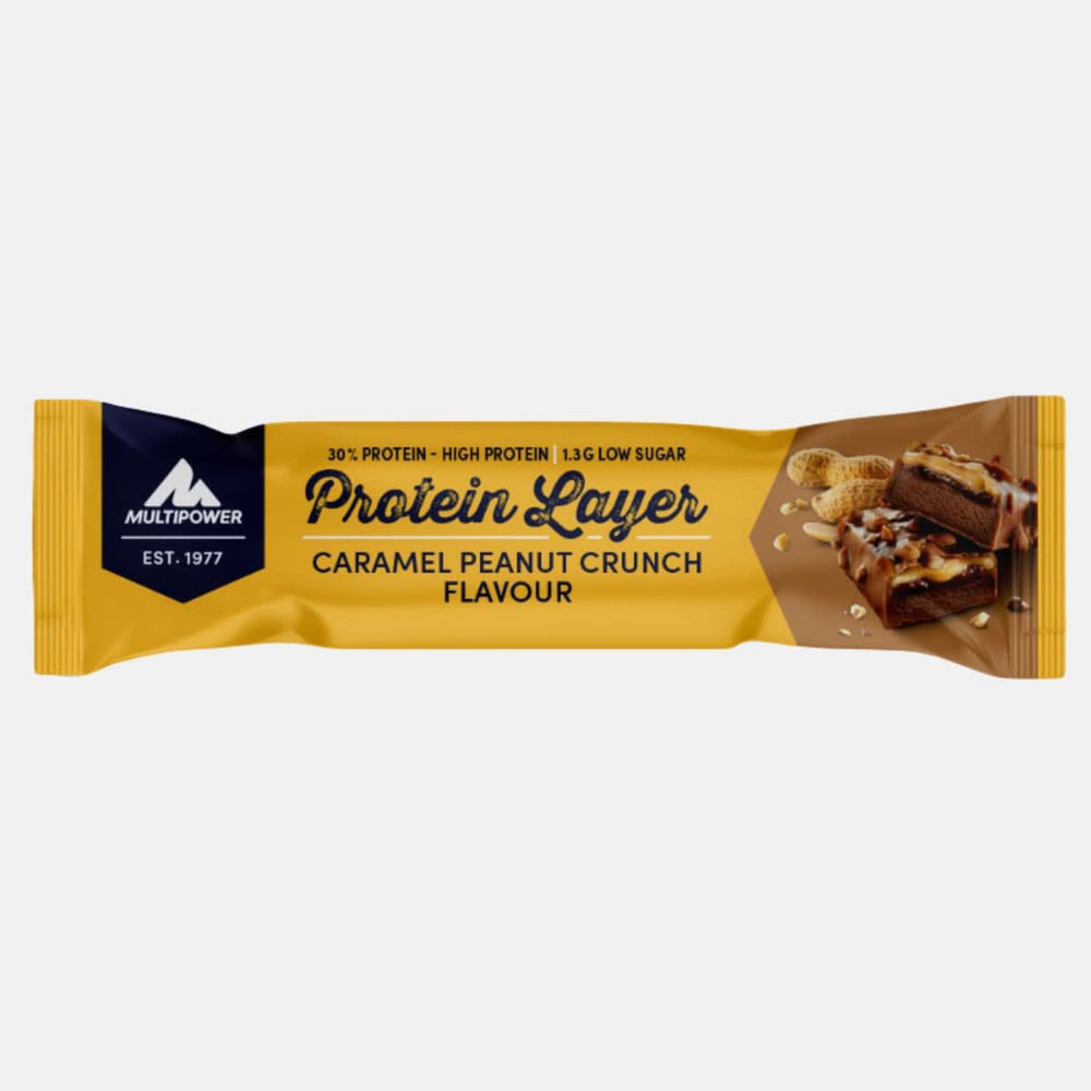 Multipower Protein Layer Riegel 50g – knuspriger Proteinriegel mit Karamell und Erdnüssen, für den energiereichen Snackmoment.