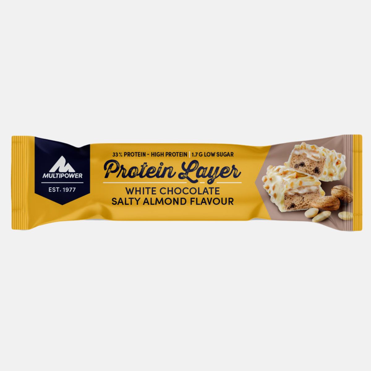 Multipower Protein Layer Riegel 50g – mehrschichtiger Riegel mit weißer Schokolade, Mandeln und einer feinen Salznote, für bewussten Genuss mit Proteinpower.
