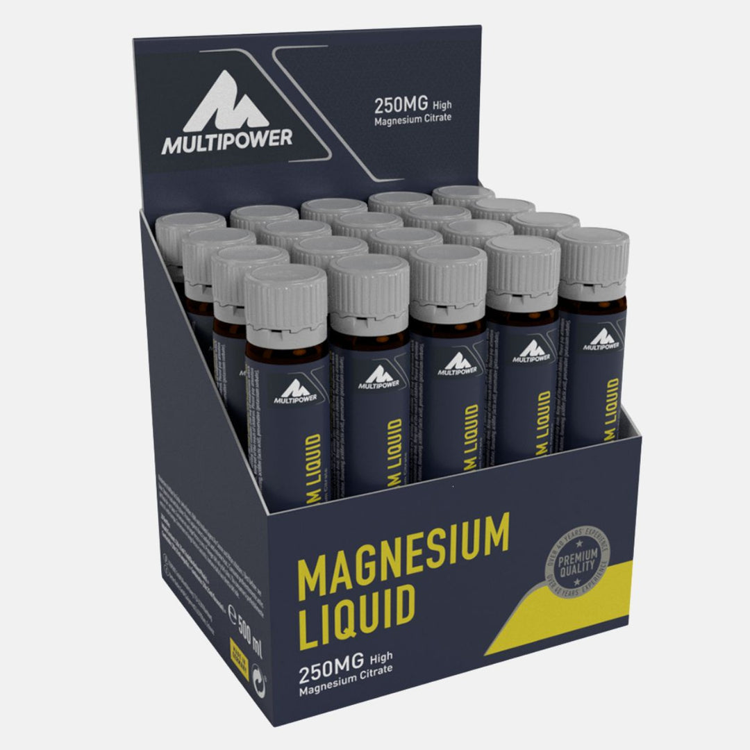 Multipower Magnesium Liquid in dunkelblauen Ampullen mit gelber Schrift.