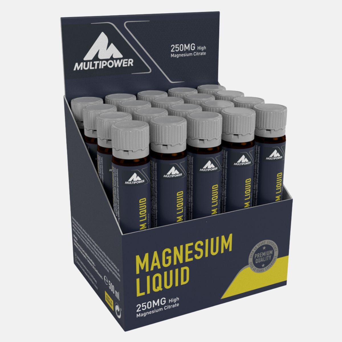 Multipower Magnesium Liquid in dunkelblauen Ampullen mit gelber Schrift.