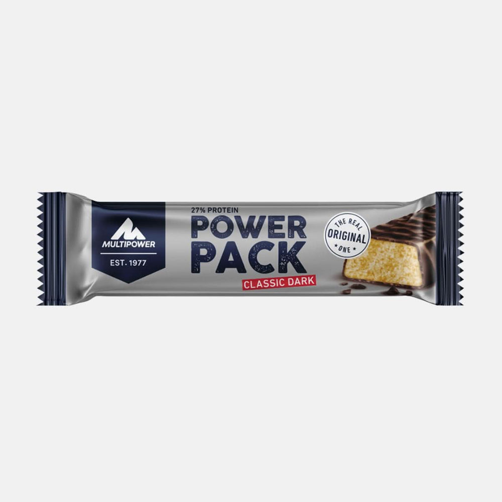 Multipower Power Pack Riegel 35g – proteinreicher Schokoriegel mit kräftiger Zartbitterschokolade, ideal als Snack nach dem Training.