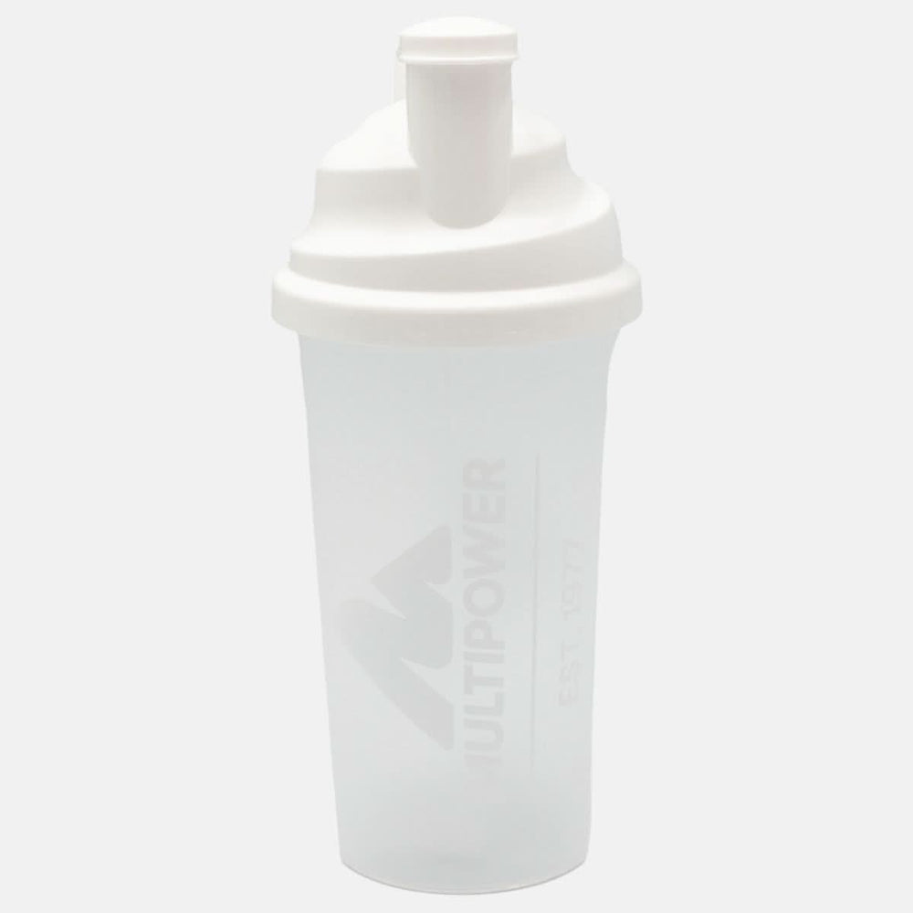 Multipower Shaker mit durchsichtiger Flasche und weißer Schrift und Deckel. 