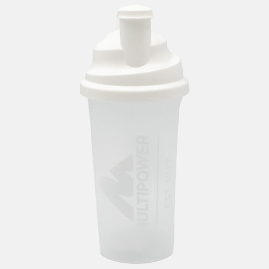 Multipower Shaker mit durchsichtiger Flasche und weißer Schrift und Deckel. 