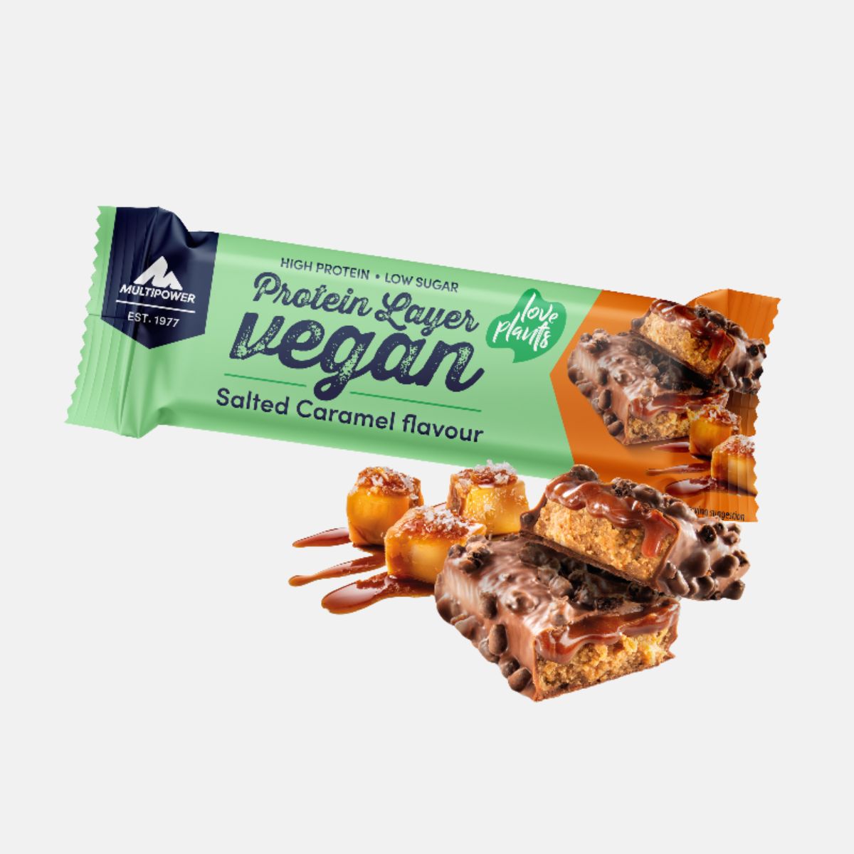 Multipower Vegan Protein Layer Riegel 55g – proteinreicher, veganer Snack mit gesalzenem Karamellgeschmack und mehrschichtigem Aufbau.